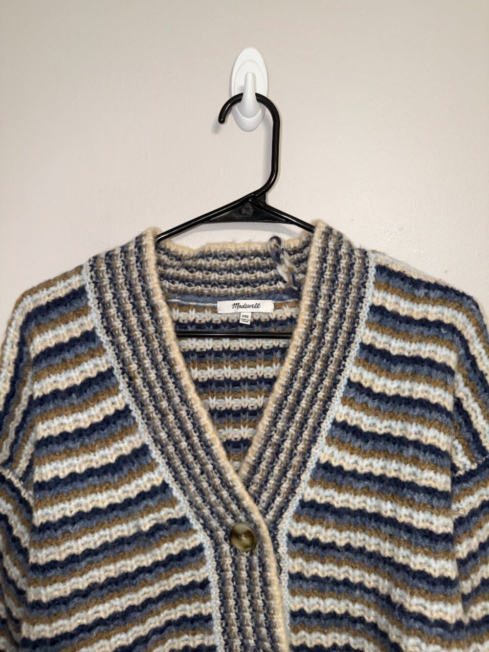 Madewell Striped Cardigan Sweater XXS Blue Tan Button Front Cozy Knit - Picture 4 of 7